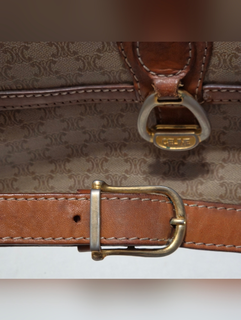 CELINE Macadam Brown Leather Trim Crossbody Shoulder Purse Bag PVC Canvas Beige - Picture 14 of 16